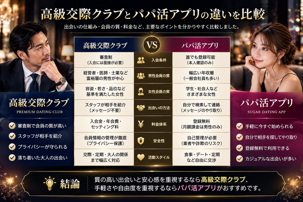 高級交際クラブとパパ活アプリの比較イメージ