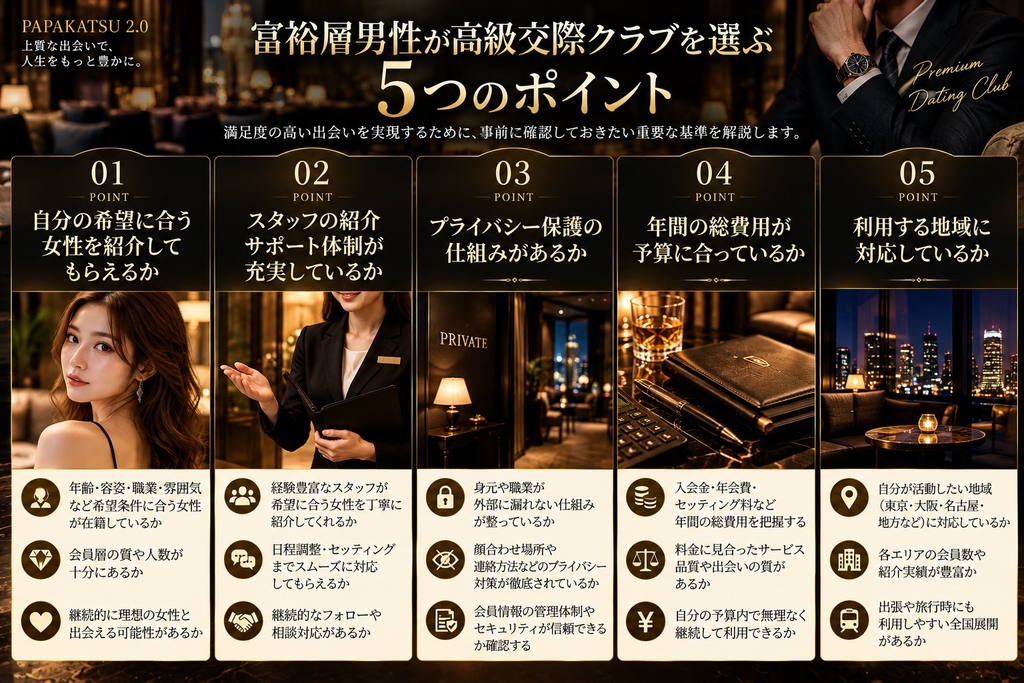 富裕層男性が高級交際クラブを選ぶ5つのポイント|女性の紹介条件・スタッフのサポート体制・プライバシー保護・年間総費用・対応地域