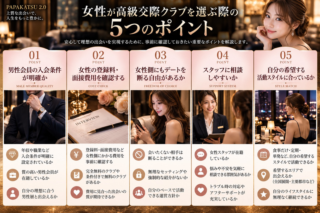 女性が高級交際クラブを選ぶ際の5つのポイント|男性会員の入会条件・女性の登録料と面接費用・デートを断る自由・スタッフへの相談・活動スタイル